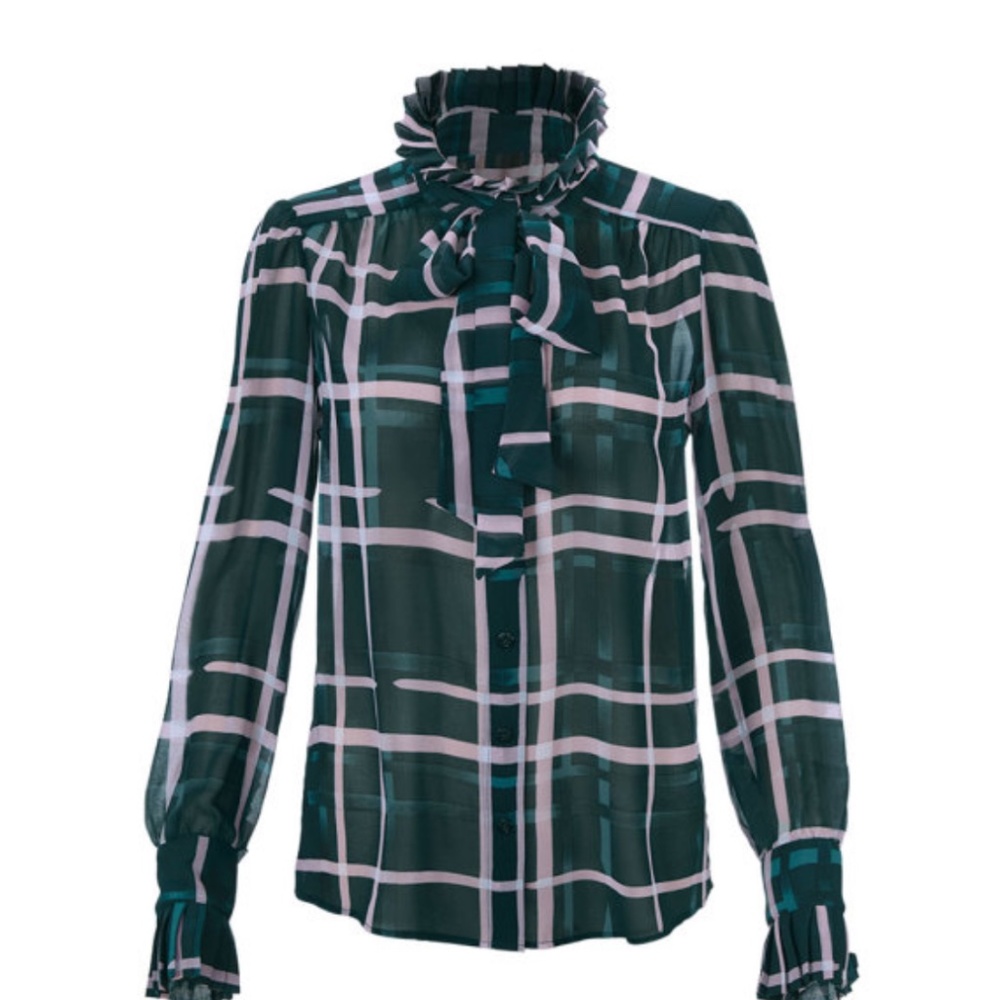 CAbi Teal Checkered Ruffle Blouse